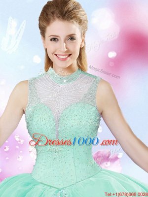 Free and Easy Apple Green Tulle Lace Up Quinceanera Dresses Sleeveless Floor Length Beading