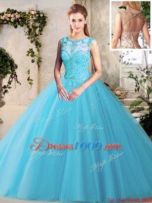 Fabulous Baby Blue Ball Gowns Scoop Sleeveless Tulle Floor Length Lace Up Beading Quince Ball Gowns