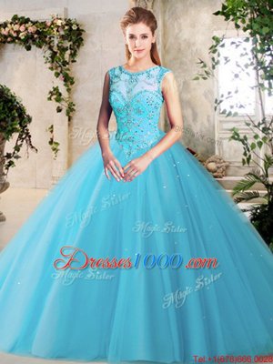 Fabulous Baby Blue Ball Gowns Scoop Sleeveless Tulle Floor Length Lace Up Beading Quince Ball Gowns