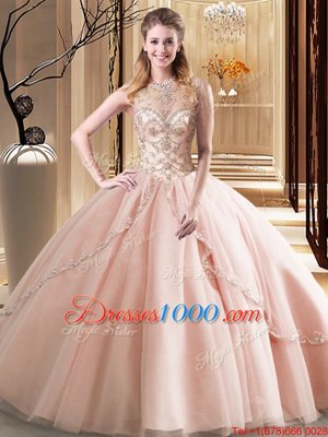 Scoop Ball Gowns Sleeveless Peach Ball Gown Prom Dress Brush Train Lace Up