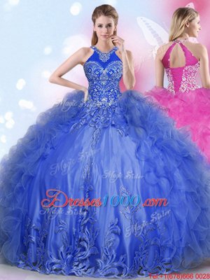 Customized Halter Top Royal Blue Ball Gowns Appliques and Ruffles Quinceanera Dress Lace Up Tulle Sleeveless Floor Length