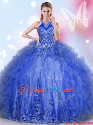 Customized Halter Top Royal Blue Ball Gowns Appliques and Ruffles Quinceanera Dress Lace Up Tulle Sleeveless Floor Length