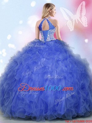 Customized Halter Top Royal Blue Ball Gowns Appliques and Ruffles Quinceanera Dress Lace Up Tulle Sleeveless Floor Length