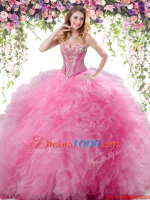 Rose Pink Tulle Lace Up 15th Birthday Dress Sleeveless Floor Length Beading and Ruffles