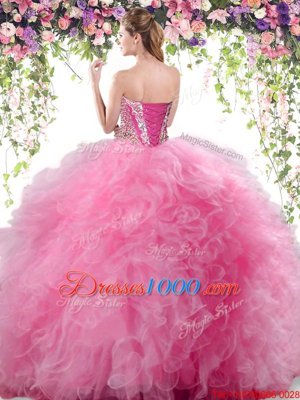 Rose Pink Tulle Lace Up 15th Birthday Dress Sleeveless Floor Length Beading and Ruffles