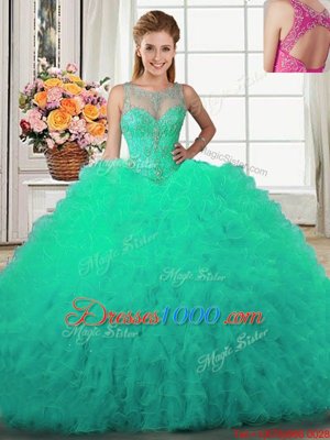 Scoop Sleeveless 15 Quinceanera Dress Floor Length Beading and Ruffles Turquoise Tulle