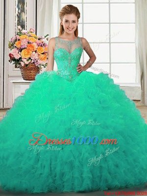 Scoop Sleeveless 15 Quinceanera Dress Floor Length Beading and Ruffles Turquoise Tulle