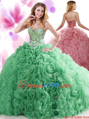 Exquisite Sweetheart Sleeveless Sweet 16 Dress Sweep Train Beading and Ruffles Turquoise Organza and Fabric With Rolling Flowers
