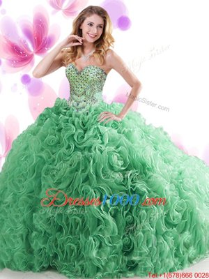 Exquisite Sweetheart Sleeveless Sweet 16 Dress Sweep Train Beading and Ruffles Turquoise Organza and Fabric With Rolling Flowers