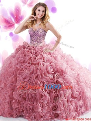 Exquisite Sweetheart Sleeveless Sweet 16 Dress Sweep Train Beading and Ruffles Turquoise Organza and Fabric With Rolling Flowers