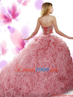 Exquisite Sweetheart Sleeveless Sweet 16 Dress Sweep Train Beading and Ruffles Turquoise Organza and Fabric With Rolling Flowers