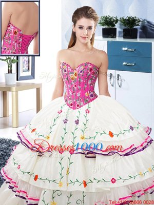 High Class White Ball Gowns Sweetheart Sleeveless Organza and Taffeta Floor Length Lace Up Embroidery and Ruffled Layers Quinceanera Dresses