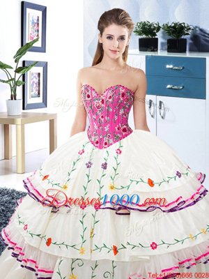 High Class White Ball Gowns Sweetheart Sleeveless Organza and Taffeta Floor Length Lace Up Embroidery and Ruffled Layers Quinceanera Dresses