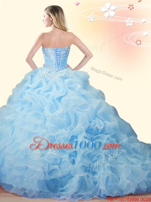 Gold Ball Gowns Beading and Ruffles and Pick Ups Sweet 16 Dress Lace Up Organza Sleeveless With Train