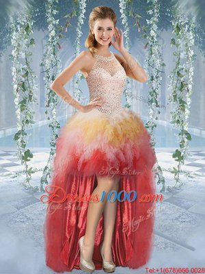 Colorful Halter Top Multi-color Tulle Lace Up Pageant Dress Sleeveless High Low Beading and Ruffles