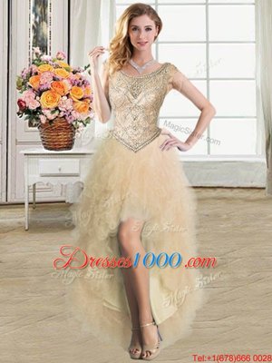 Captivating Tulle Scoop Sleeveless Lace Up Ruffles Womens Party Dresses in Champagne