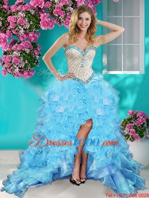 Superior Sweetheart Sleeveless Cocktail Dress High Low Beading and Ruffles Baby Blue Organza
