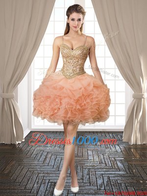 Pick Ups Spaghetti Straps Sleeveless Backless Evening Gowns Peach Organza