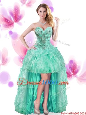 Turquoise Sleeveless Beading and Ruffles High Low Pageant Gowns