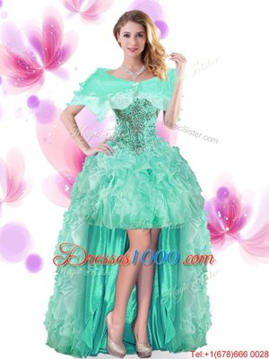 Turquoise Sleeveless Beading and Ruffles High Low Pageant Gowns