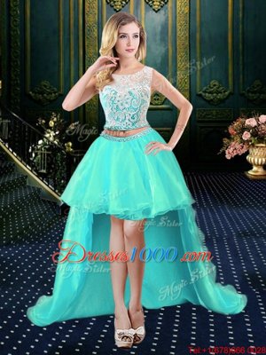Flare Aqua Blue Party Dress for Toddlers Prom and Party and For with Lace Scoop Sleeveless Clasp Handle