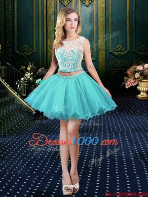 Scoop Aqua Blue Sleeveless Organza Clasp Handle Cocktail Dresses for Prom and Party
