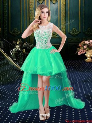 Extravagant Scoop Sleeveless Organza and Lace High Low Zipper Pageant Gowns in Turquoise for with Lace