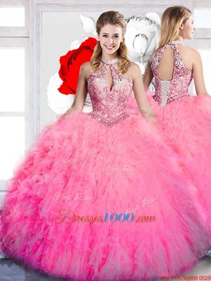 Ball Gowns Sweet 16 Dress Hot Pink Halter Top Tulle Sleeveless Floor Length Lace Up