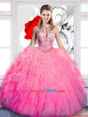 Ball Gowns Sweet 16 Dress Hot Pink Halter Top Tulle Sleeveless Floor Length Lace Up