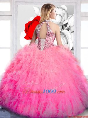 Ball Gowns Sweet 16 Dress Hot Pink Halter Top Tulle Sleeveless Floor Length Lace Up