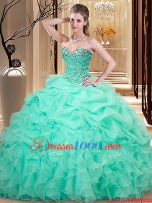 Flirting Apple Green Organza Lace Up Sweetheart Sleeveless Floor Length Sweet 16 Dress Beading and Ruffles and Pick Ups