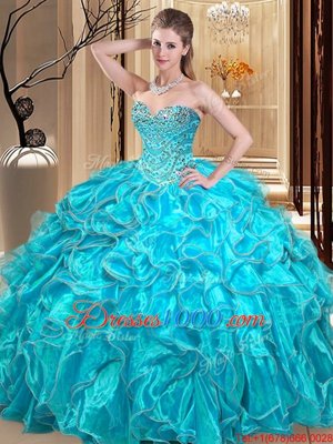 Super Organza Sweetheart Sleeveless Lace Up Beading and Ruffles Quince Ball Gowns in Aqua Blue