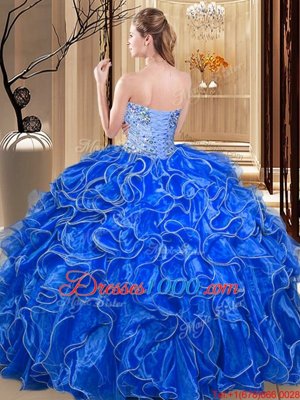 Super Organza Sweetheart Sleeveless Lace Up Beading and Ruffles Quince Ball Gowns in Aqua Blue