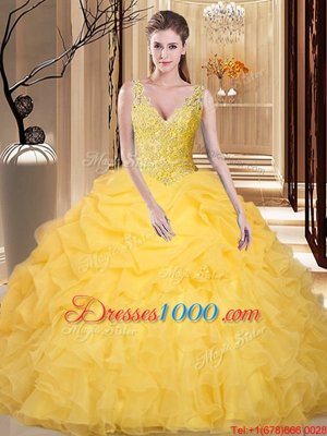 Stylish Gold Backless V-neck Lace and Appliques and Ruffles and Pick Ups Sweet 16 Quinceanera Dress Organza Sleeveless