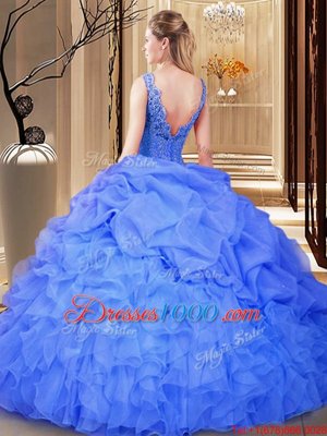 Stylish Gold Backless V-neck Lace and Appliques and Ruffles and Pick Ups Sweet 16 Quinceanera Dress Organza Sleeveless