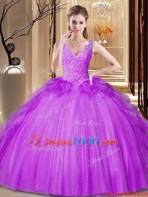 Suitable Purple Ball Gowns Tulle and Sequined V-neck Sleeveless Appliques and Ruffles and Sequins Floor Length Backless Quince Ball Gowns