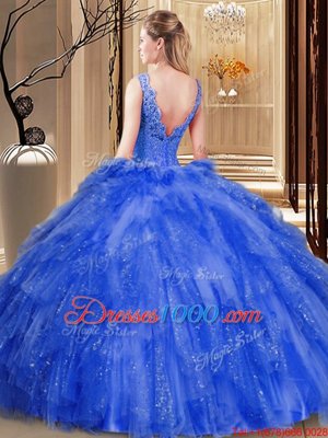 Suitable Purple Ball Gowns Tulle and Sequined V-neck Sleeveless Appliques and Ruffles and Sequins Floor Length Backless Quince Ball Gowns