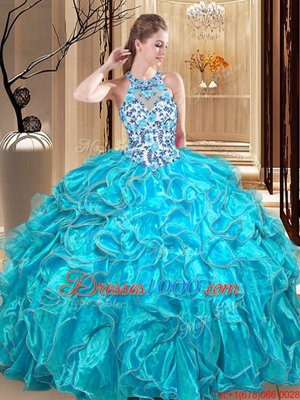 Edgy Scoop Teal Sleeveless Floor Length Embroidery and Ruffles Backless Sweet 16 Dresses