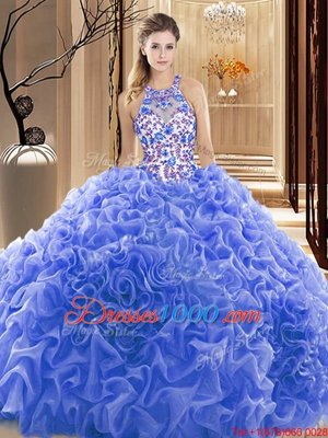 Customized Sleeveless Court Train Backless Embroidery and Ruffles Quinceanera Gown