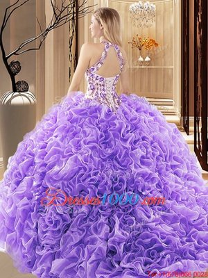 Customized Sleeveless Court Train Backless Embroidery and Ruffles Quinceanera Gown