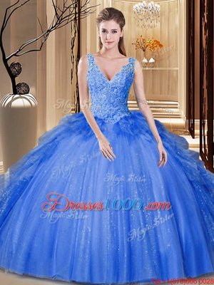 Fine Royal Blue Tulle Backless Ball Gown Prom Dress Sleeveless Floor Length Sequins and Pick Ups