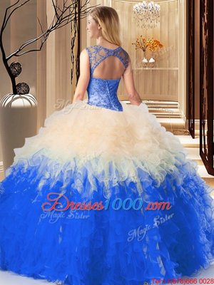 Stylish Multi-color Ball Gown Prom Dress Prom and Military Ball and Sweet 16 and Quinceanera and For with Beading and Ruffles High-neck Sleeveless Backless