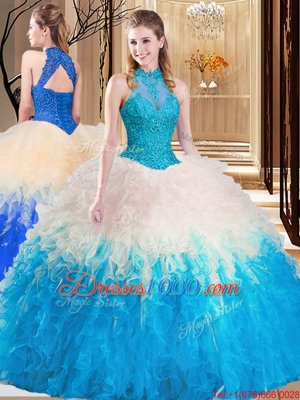 Sexy Multi-color Sweet 16 Dresses Military Ball and Sweet 16 and Quinceanera and For with Lace and Appliques and Ruffles High-neck Sleeveless Backless