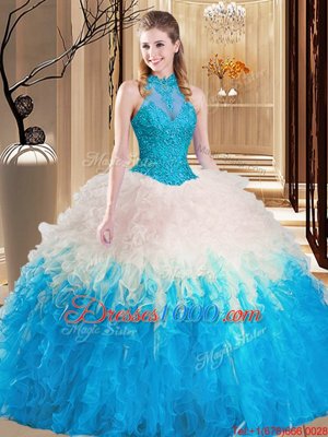 Sexy Multi-color Sweet 16 Dresses Military Ball and Sweet 16 and Quinceanera and For with Lace and Appliques and Ruffles High-neck Sleeveless Backless