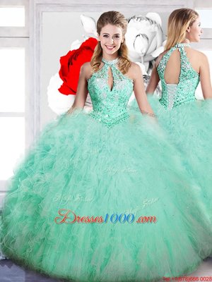 Glittering Tulle High-neck Sleeveless Lace Up Beading Quince Ball Gowns in Apple Green
