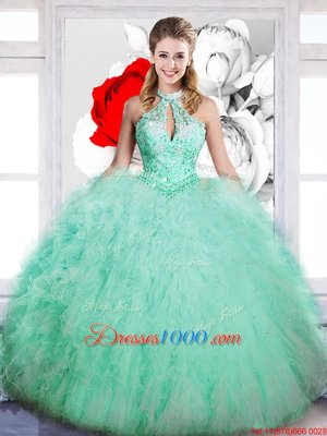 Glittering Tulle High-neck Sleeveless Lace Up Beading Quince Ball Gowns in Apple Green