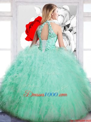 Glittering Tulle High-neck Sleeveless Lace Up Beading Quince Ball Gowns in Apple Green