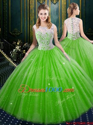 Artistic Ball Gowns Tulle High-neck Sleeveless Lace Floor Length Zipper Quinceanera Dress
