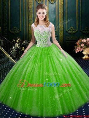 Artistic Ball Gowns Tulle High-neck Sleeveless Lace Floor Length Zipper Quinceanera Dress