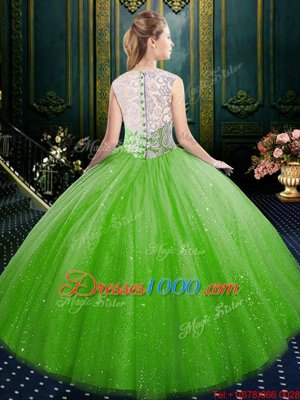 Artistic Ball Gowns Tulle High-neck Sleeveless Lace Floor Length Zipper Quinceanera Dress